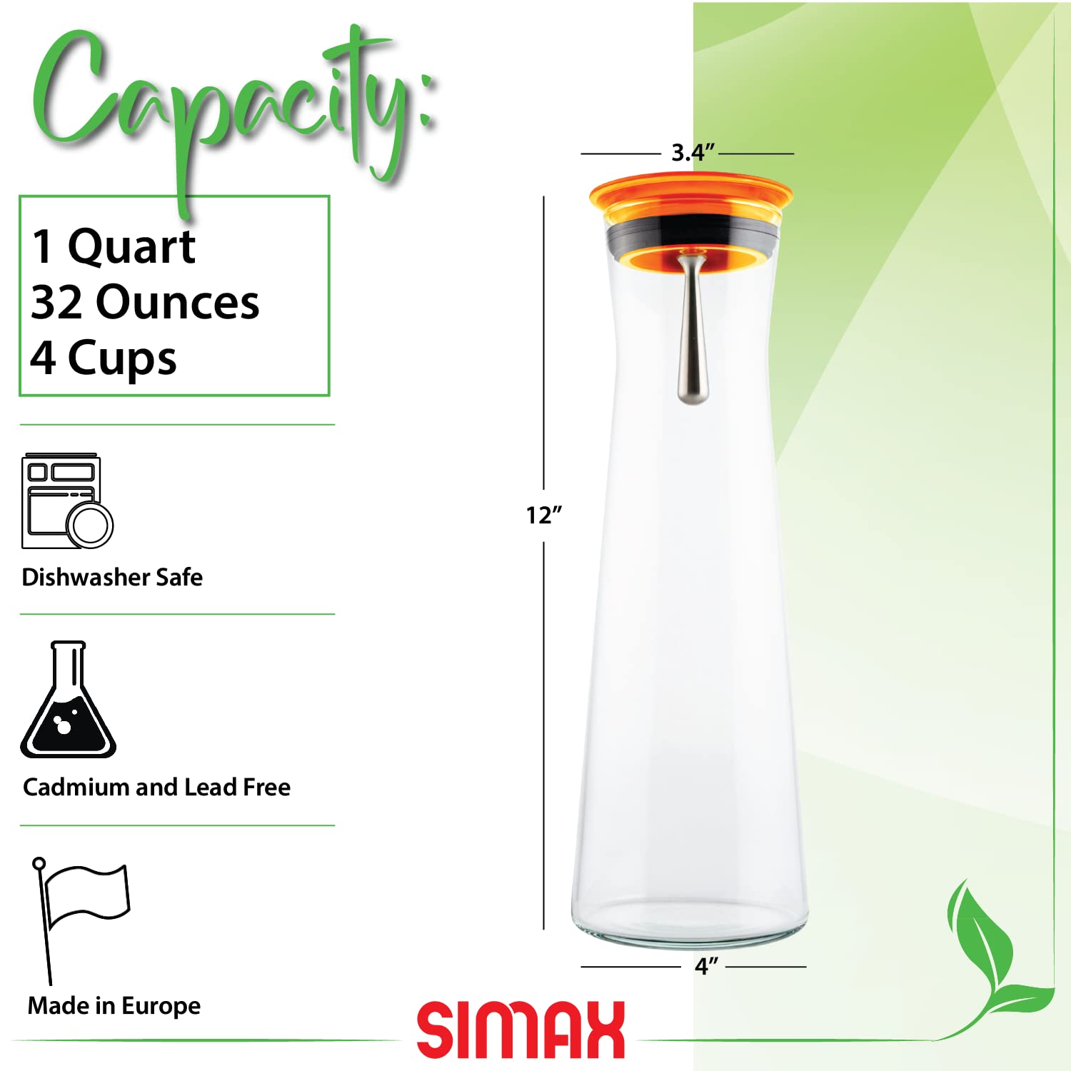 Simax Glassware Clear Glass Carafe | Easy Pour, Borosilicate Glass, Dishwasher Safe, Holds 1 Quart (Orange)