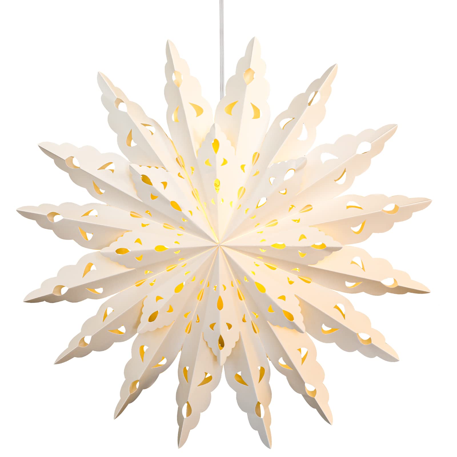 23.6 Inch Christmas Star Snowflake Paper Lantern with Light Timer Paper Lamp Party Supplies Hanging Decoration for Weddings Christmas Trees Birthday Holiday Party Celebration (Classic Style)