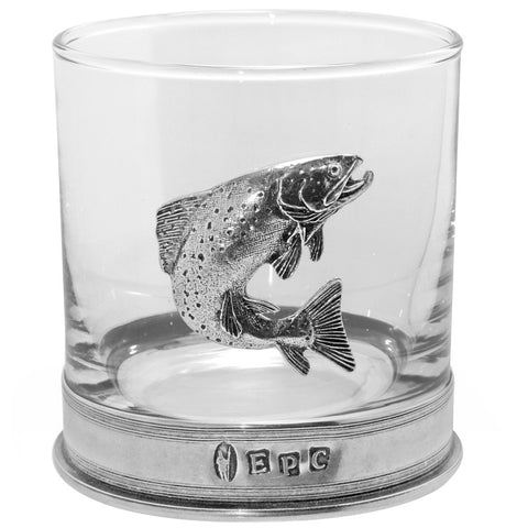 English Pewter Company 11oz Old Fashioned Whisky Rum Rocks Glass With Stunning Fishing Trout Badge [TUM09].