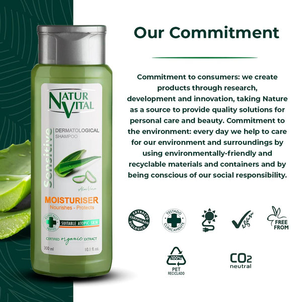 NaturVital Sensitive Shampoo Moisturizer with Organic Grown Aloe Vera Extract Suitable for Dry, Treated Hair & Sensitive Scalp Hypoallergenic - 300 ml