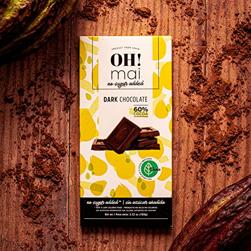 OH! Mai - Zero sugar Dark Chocolate Bar 60% Cocoa 3.52 oz -Gluten Free with Stevia, Healthy Snack, Fudge and Melt Candy, Made in Spain (Pack of 4).