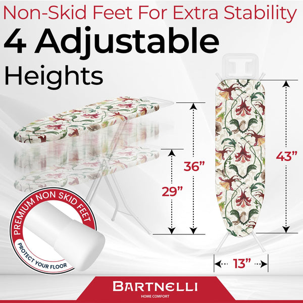 Bartnelli Ironing Board | Anna Handel Vintage Design | 13x43 Space-Saving, Effortless Ironing with Thick Padding & Eco-Friendly Cover | Sturdy & Adjustable Height with Steam Rest, White.
