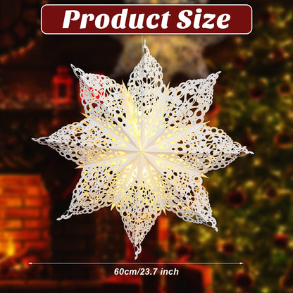 23.6 Inch Christmas Star Snowflake Paper Lantern with Light Timer Paper Lamp Party Supplies Hanging Decoration for Weddings Christmas Trees Birthday Holiday Party Celebration (Lovely Style)