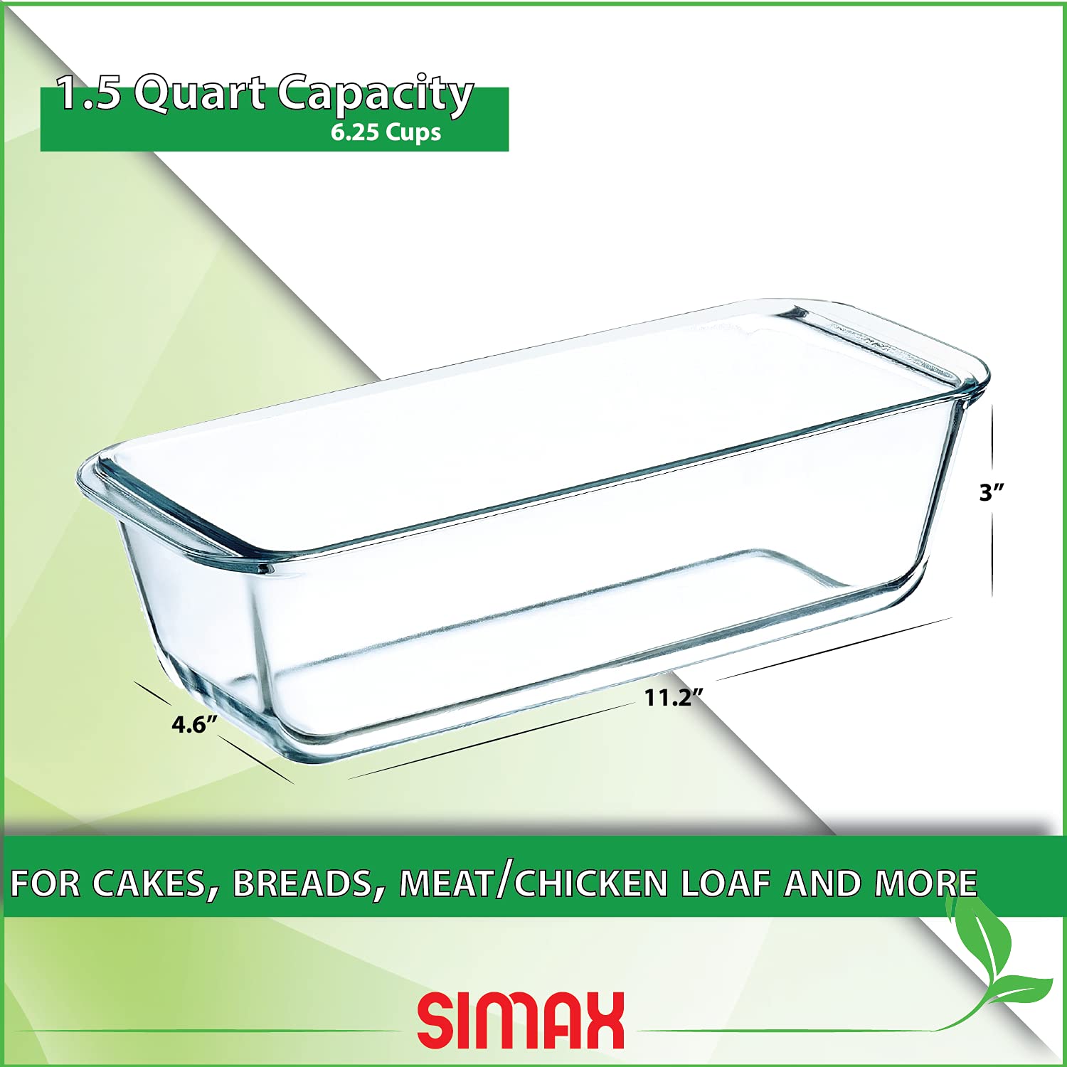 Simax Glassware Classic 1.5 Quart Loaf Dish, Heat, Cold and Shock-Proof Borosilicate Glass, Made in Europe, Dishwasher Safe, 11” x 4.8” x 3”