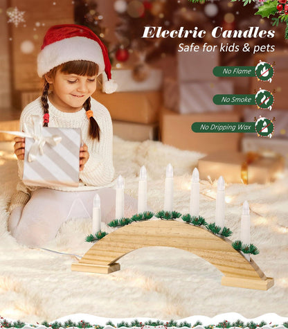 Swedish Candelabra, 7 Taper Flameless Candles with USB Powered, Christmas Window Candle Light with Pine Needles, Wooden Candle Bridge Light for Xmas Decoration Wedding, Wood