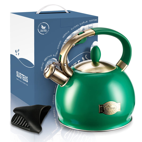 SUSTEAS Stove Top Whistling Tea Kettle - Food Grade Stainless Steel Teakettle Teapot with Cool Touch Ergonomic Handle,1 Free Silicone Pinch Mitt Included,2.64 Quart (Green)