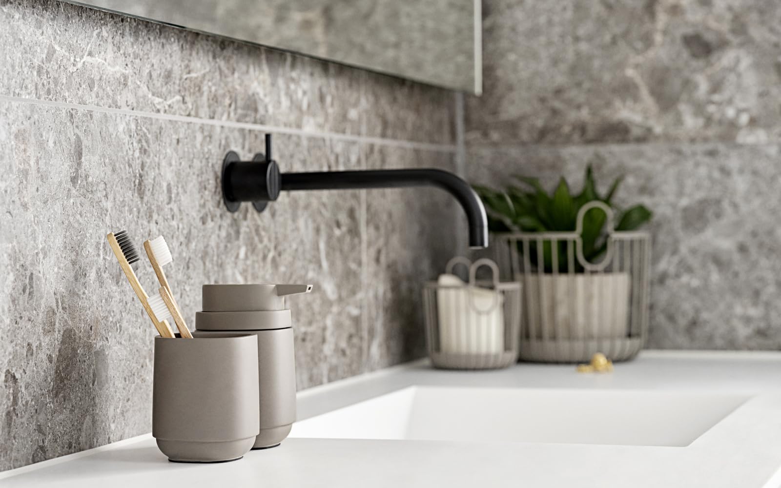 Zone Denmark Nova One Toothbrush Mug– Revitalize Your Daily Routine with Scandinavian Elegance and Practicality Unite in This Sleek and Modern Bathroom Accessory- (Concrete)