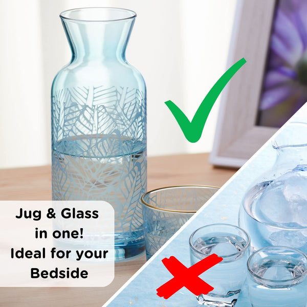 Vintage Blue Bedside Carafe and Glass Set 23.66oz – Water Carafe with Glass Cup for Nightstand - Fabulous All in One Hydration Experience for Outdoor Dining and Picnics – Sea Blue Design.