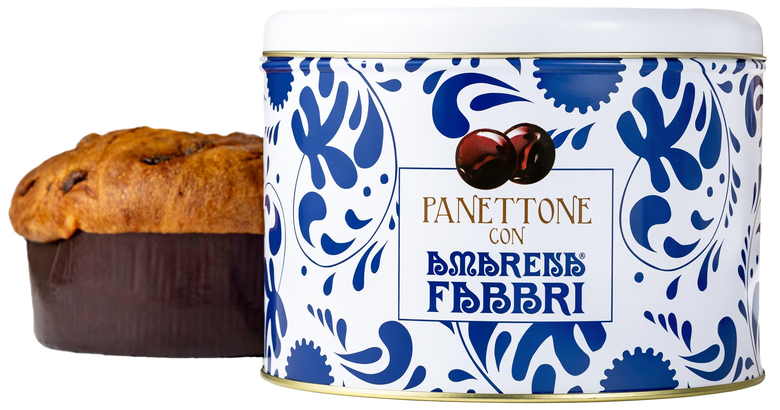 Amarena Fabbri Cherries Panettone, Italian holiday cake with candied cherries inside in a collectible giftable tin, Made in Italy, 1.1 pound