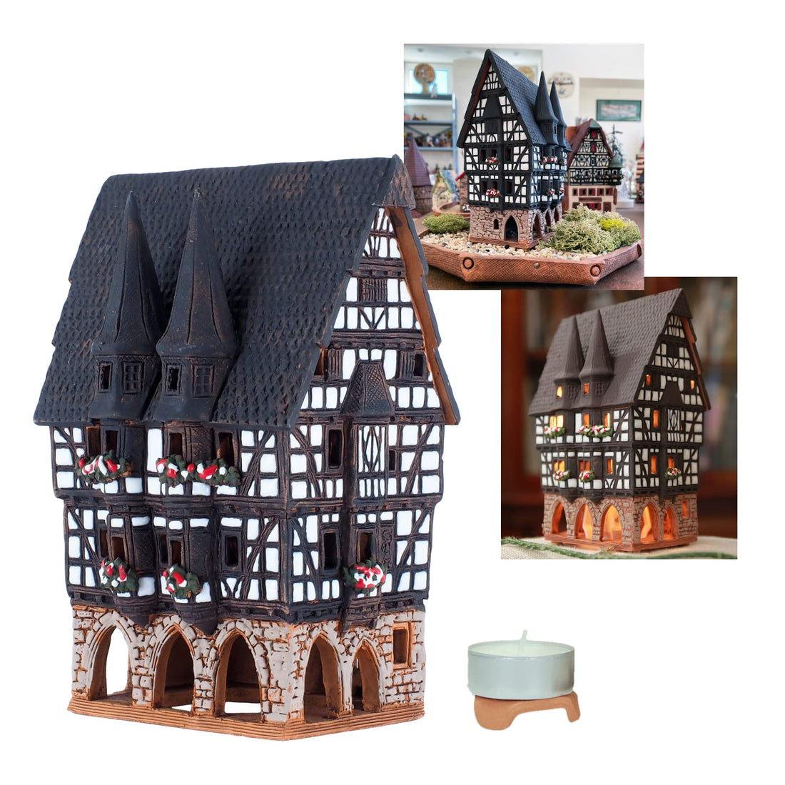 Midene Ceramic Christmas Village Houses Collection - Collectible Handmade Miniature of Town Hall in Alsfeld Tiny House German - Tea Light Candle Holder B210N*