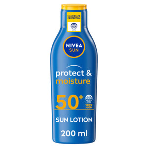 NIVEA SUN Protect & Moisture Sun Lotion SPF 50+ (200 ml), Suncream with Vitamin E, Provides 48H Moisture & Immediate UVA & UVB Protection