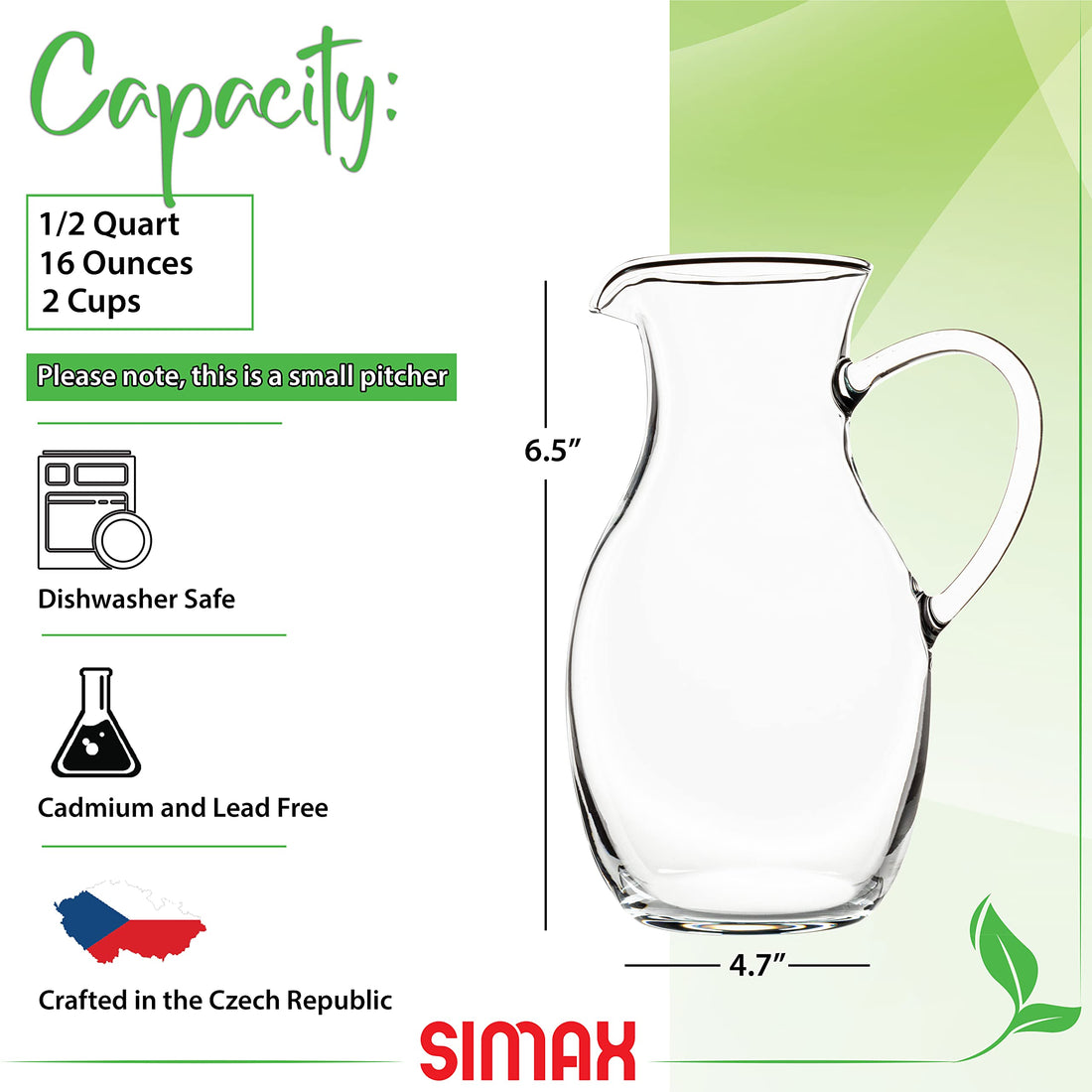 Simax SMALL Glass Pitcher 16 Oz: Borosilicate Glass Pitchers With Handle - Montessori Pitcher For Kids - Mini Pitcher - Small Water Pitcher For Orange Juice, Milk &amp; Tea - Pint Small Pitcher -1/2 Quart