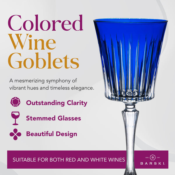 Barski European Colored Wine Glasses - Set of 6 Wine Goblets for Red Wine or White Wine - Elegant Colored Glassware Water Goblets - Gift Ready Colored Stemware, Colorful Glasses, 10 oz, Cobalt (Blue).