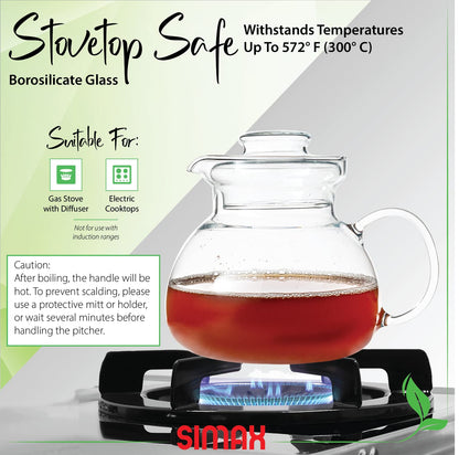 Simax Glass Teapot For Stovetop, Glass Tea Kettle For Stove Top, Tea Pots For Stove Top, Stovetop &amp; Microwave Safe Kettles, Clear Glass Tea Pot With Spout for Tea Party, 1.5 Quart/ 6 Cup Teapots