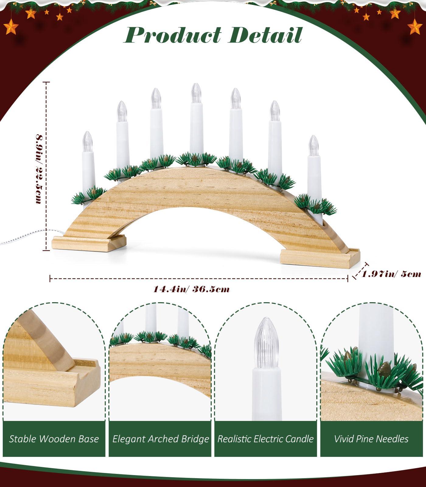 Swedish Candelabra, 7 Taper Flameless Candles with USB Powered, Christmas Window Candle Light with Pine Needles, Wooden Candle Bridge Light for Xmas Decoration Wedding, Wood