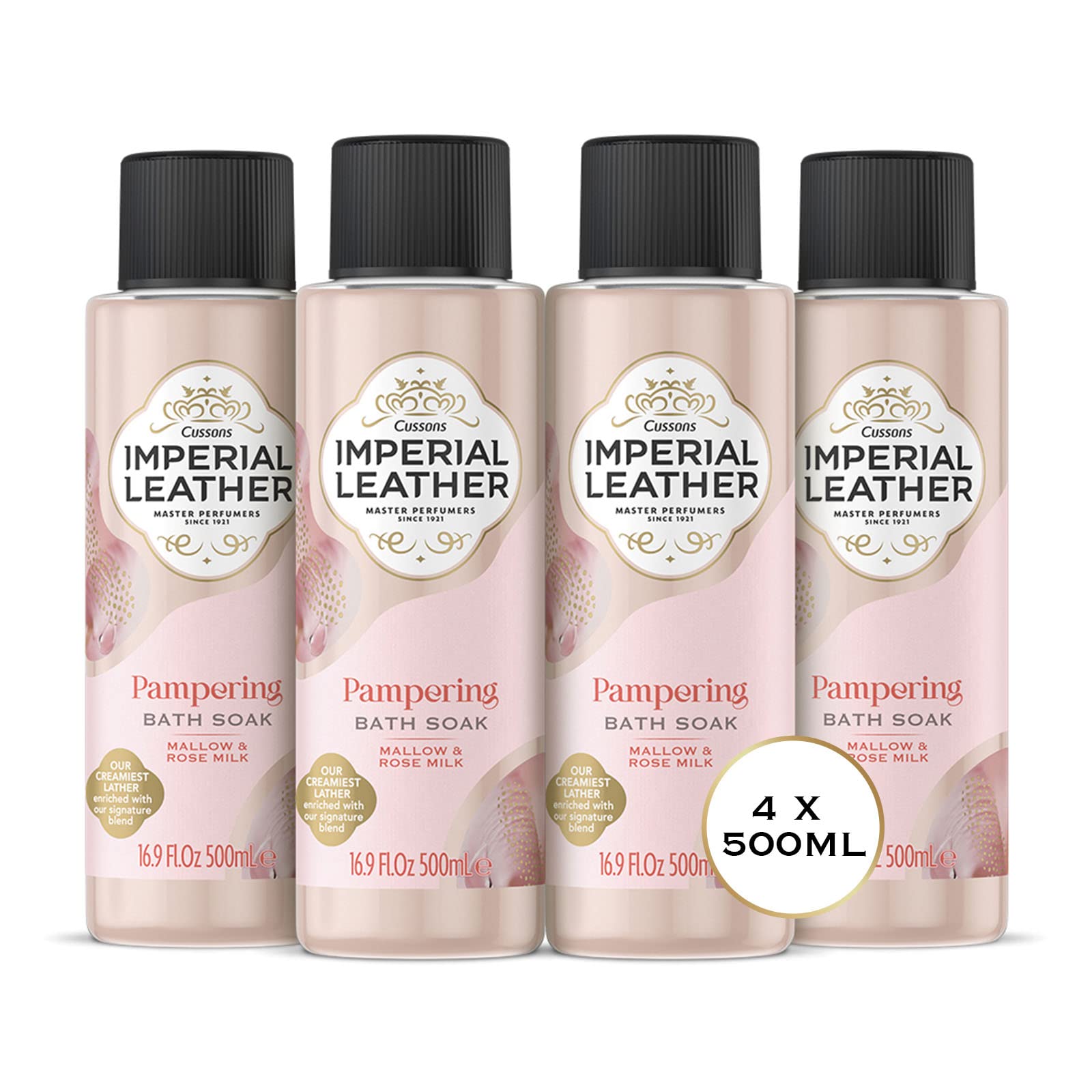 Imperial Leather Pampering Bath Soak, Mallow and Rose Milk, Rich and Creamy Bubble Bath, Gentle Skin Care, Bulk Buy, Pack of 4 x 500 ml