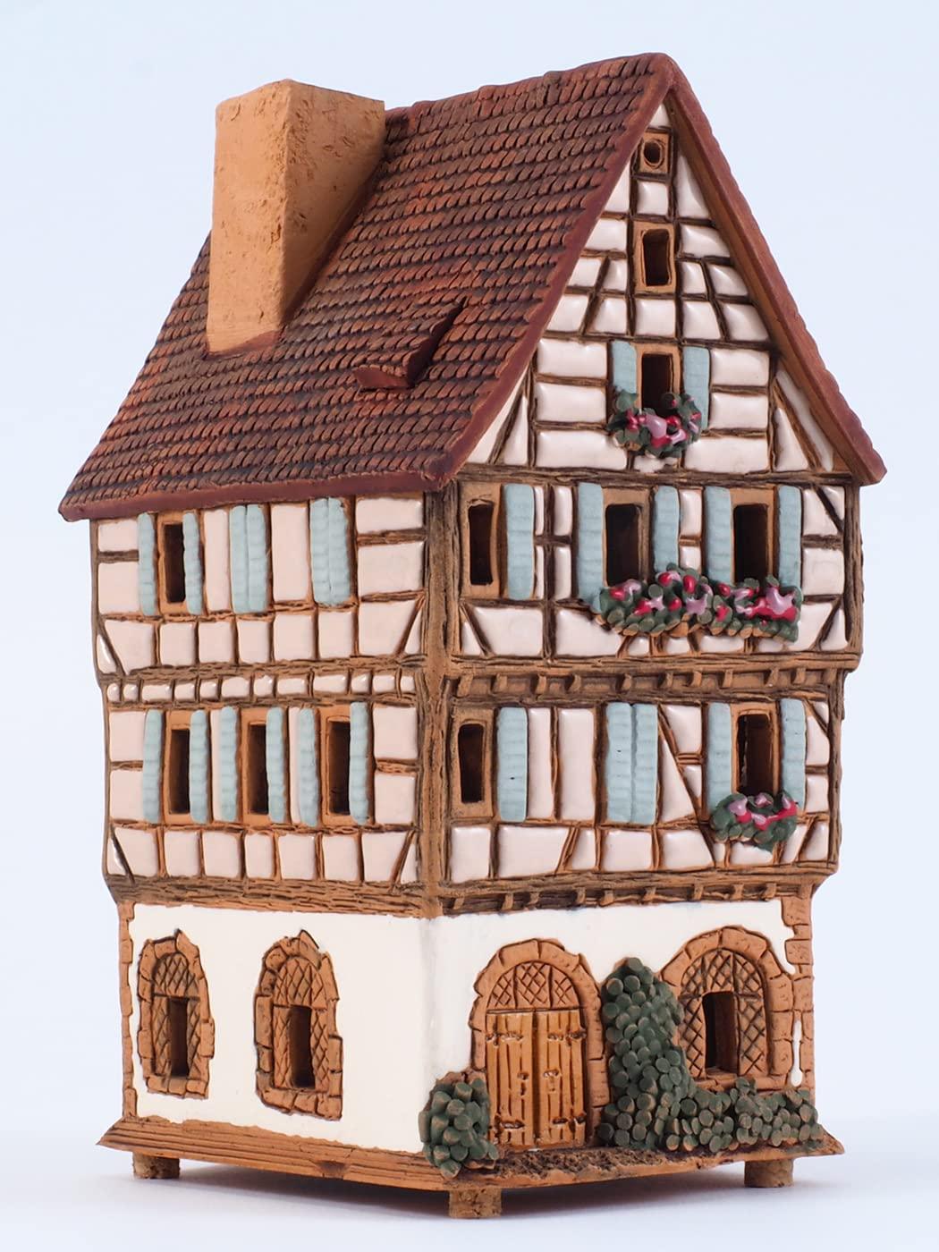 Midene Ceramic Christmas Village Houses Collection - Collectible Handmade Miniature of The Original House in Colmar, France - Tea Light Candle Holder, Essential Oil Burner A252AR