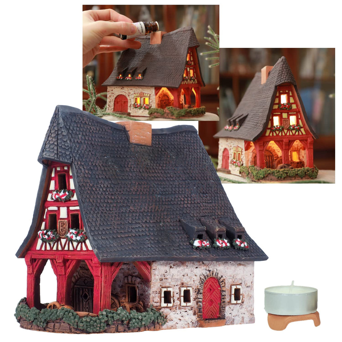 Midene Ceramic Houses Collection - Collectible Handmade Miniature of Historic Old Smithery in Rothenburg, Germany - Tea Light Candle Holder, Essential Oil Burner B230AR*