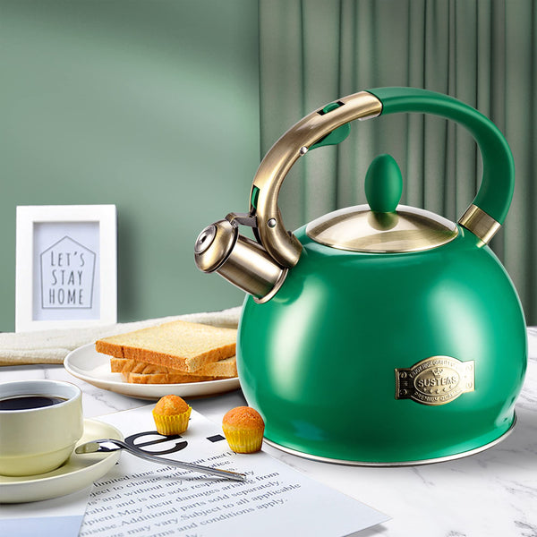 SUSTEAS Stove Top Whistling Tea Kettle - Food Grade Stainless Steel Teakettle Teapot with Cool Touch Ergonomic Handle,1 Free Silicone Pinch Mitt Included,2.64 Quart (Green)