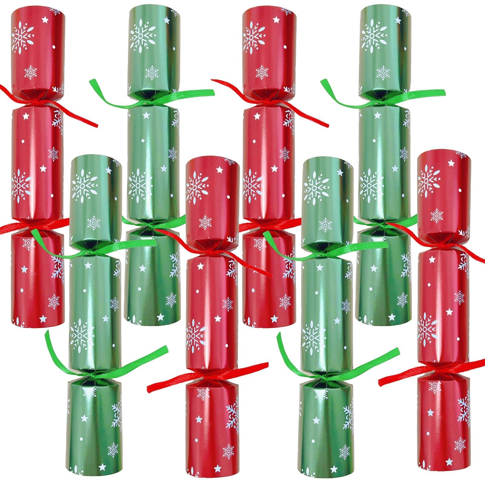 Christmas No Snap Crackers with Crowns and Toys Jokes Christmas Games for Kids and Adults (Red and Green Snowflake)