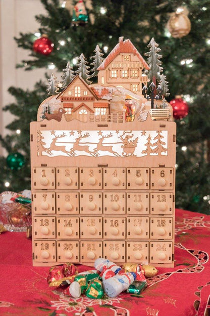 Clever Creations Wooden Christmas Advent Calendar, Countdown to Christmas, LED Holiday Decoration, Battery Operated, Reindeer Village