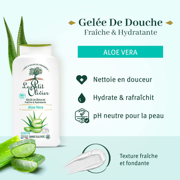 Le Petit Olivier Shower Gel - Aloe Vera - Gently Cleanses Skin - Fresh and Moisturizing - pH Neutral - Dermatologically Tested - Free Of Soap and Dyes - 16.9 Oz