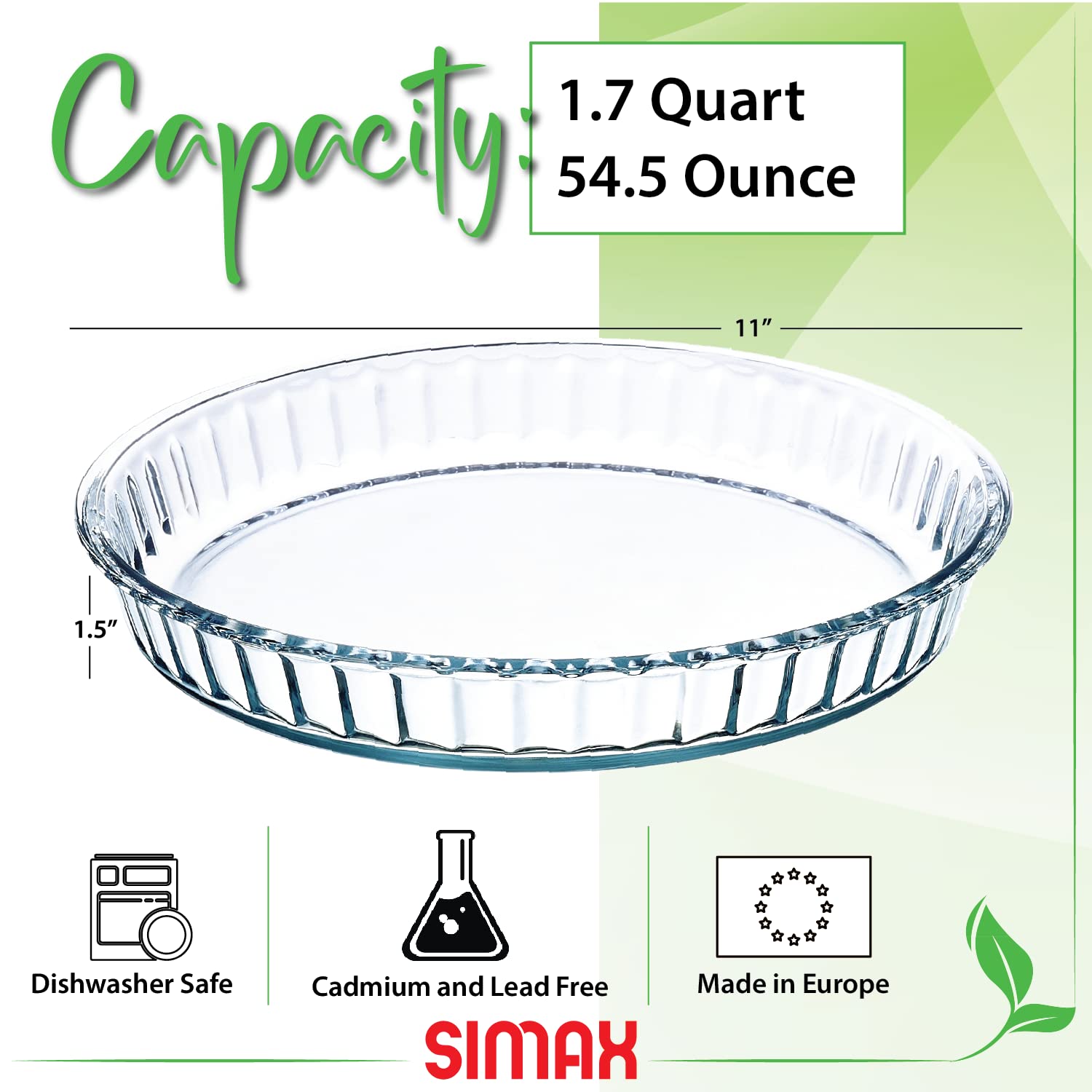 Simax Glass Pie Pan, 11 Inch Round Pie Plate, Glass Baking Dish, Fluted Pie Holder, Oven Safe Tray, Borosilicate Glass