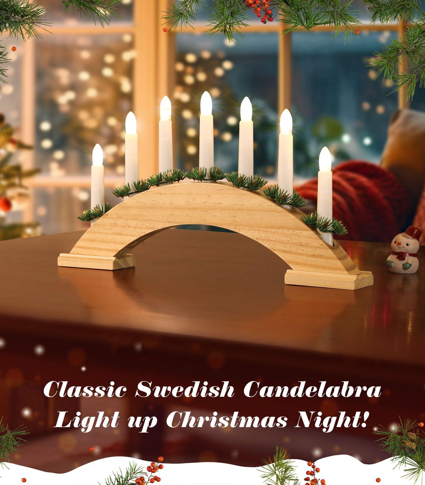 Swedish Candelabra, 7 Taper Flameless Candles with USB Powered, Christmas Window Candle Light with Pine Needles, Wooden Candle Bridge Light for Xmas Decoration Wedding, Wood