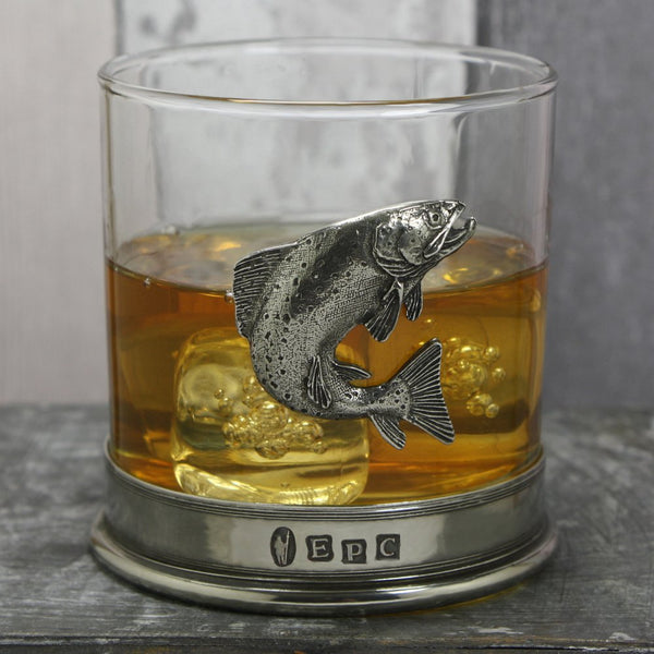 English Pewter Company 11oz Old Fashioned Whisky Rum Rocks Glass With Stunning Fishing Trout Badge [TUM09].