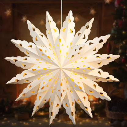 23.6 Inch Christmas Star Snowflake Paper Lantern with Light Timer Paper Lamp Party Supplies Hanging Decoration for Weddings Christmas Trees Birthday Holiday Party Celebration (Classic Style)