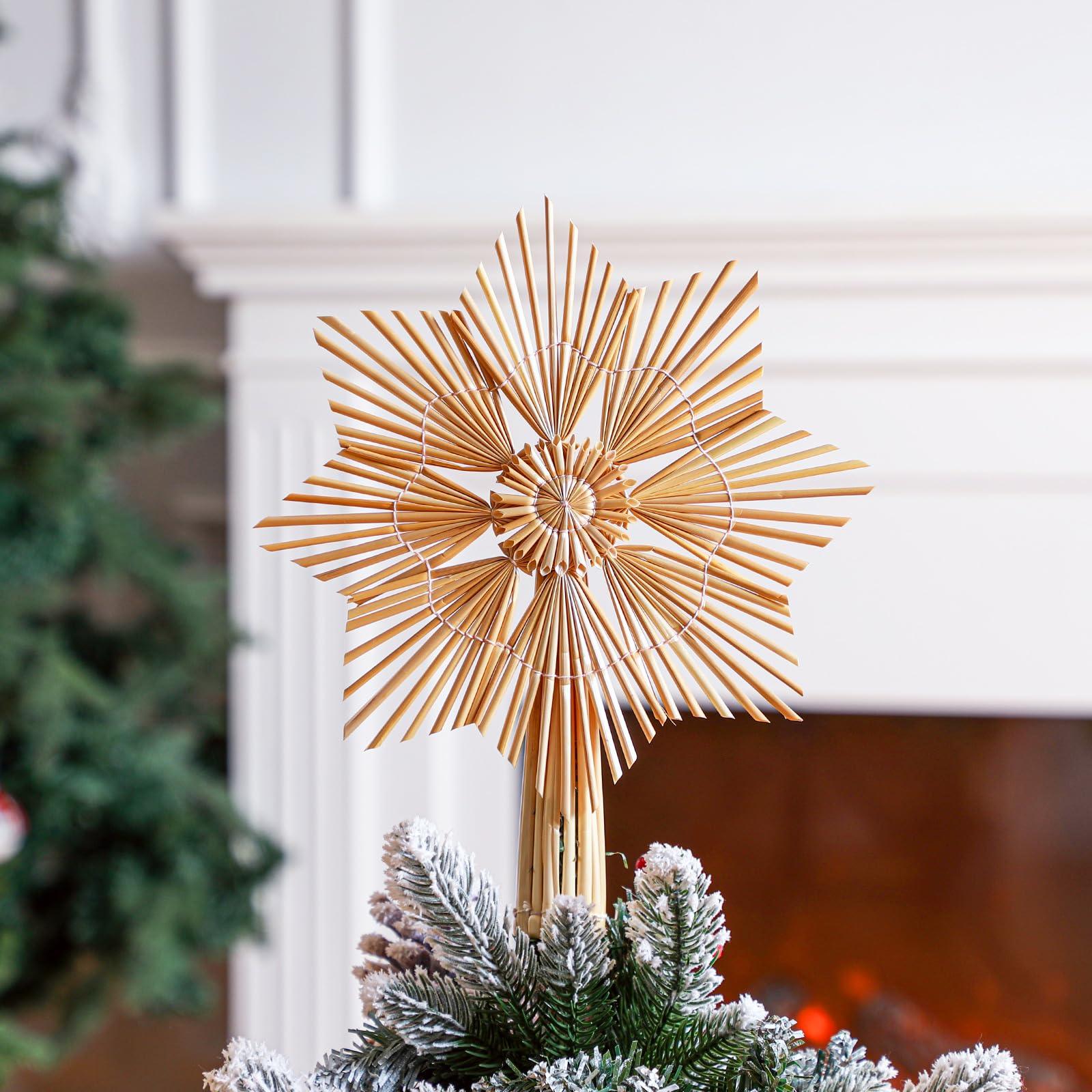 Christmas Straw Snowflake Tree Topper 10 x 12 Inch Straw Ornaments Swedish Style Nordic Tree Topper for Christmas Tree Office Home Indoor Desktop Adults Decoration(Brown,Classic)