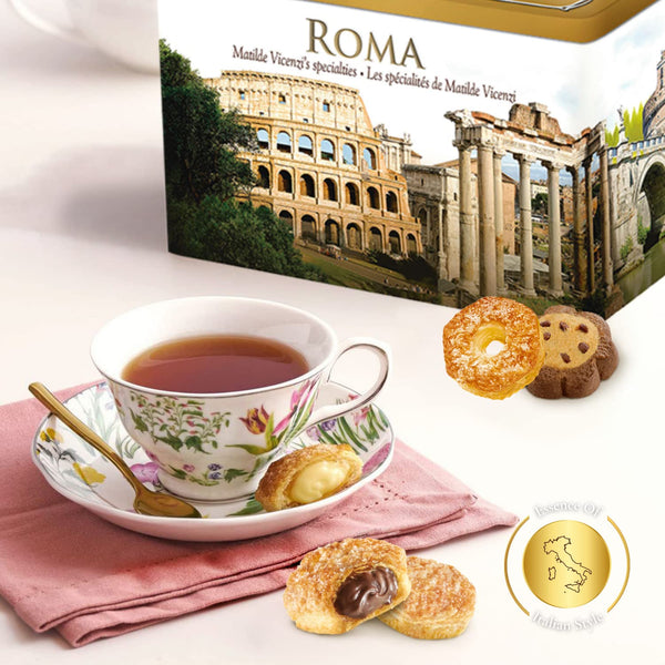 Matilde Vicenzi Roma Cookie Tin - Italian Pastries & Bakery Cookies in Individually Wrapped Trays - Bakery & Dessert Gifts - Puff Pastry, Assorted Cookies in Italian Design Gift Tin 32oz (907g).