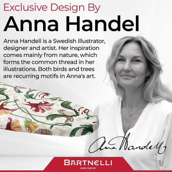 Bartnelli Ironing Board | Anna Handel Vintage Design | 13x43 Space-Saving, Effortless Ironing with Thick Padding & Eco-Friendly Cover | Sturdy & Adjustable Height with Steam Rest, White.