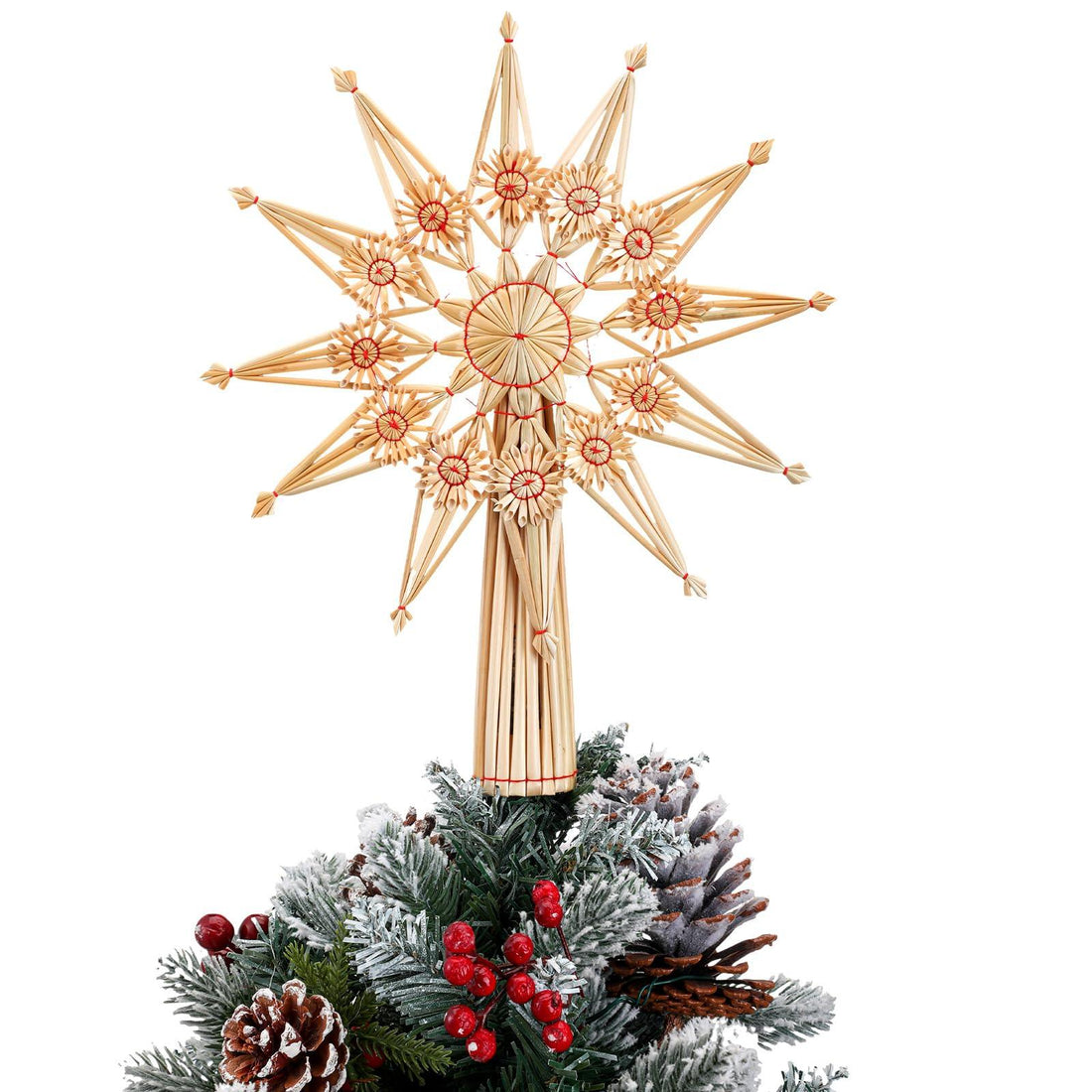 Christmas Straw Snowflake Tree Topper 10 x 12 Inch Straw Ornaments Swedish Style Nordic Tree Topper for Christmas Tree Office Home Indoor Desktop Adults Decoration(Red,Elegant)