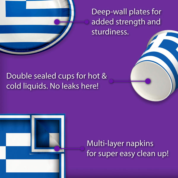 Greek Flag Greece Birthday Party Supplies Set Plates Napkins Cups Tableware Kit for 16.