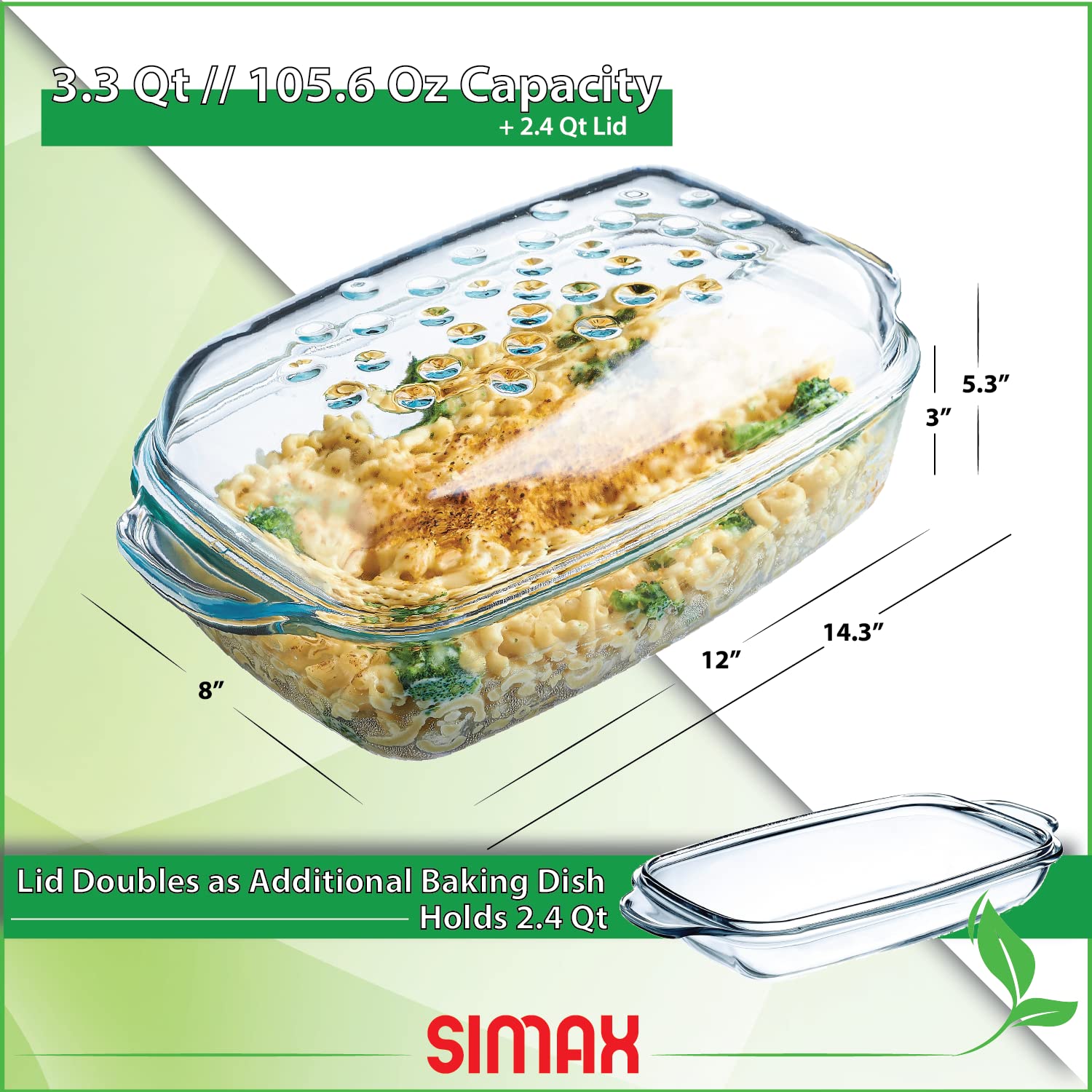 Simax Clear Glass Rectangle Roaster Pan With Lid, Raised Ridges for Fat Free Cooking, Durable Borosilicate Glass, Microwave and Dishwasher Safe, Made in Europe, 3 Qt Oblong Baking Dish