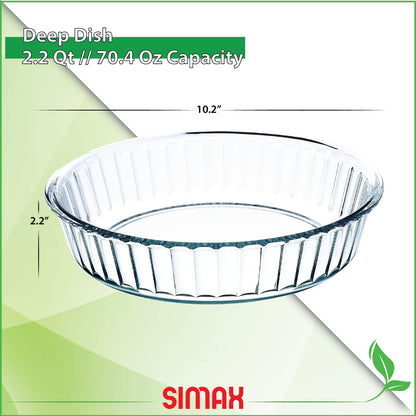 Simax Glass Pie Pan for Baking: Deep Round Pie Plate Dish Great For Apple, Pumpkin, Holiday Pies, etc. - Fluted Pie Holder - Oven Safe Tray - Borosilicate Glass Cake Tin - 10.25 Inch Large Diameter