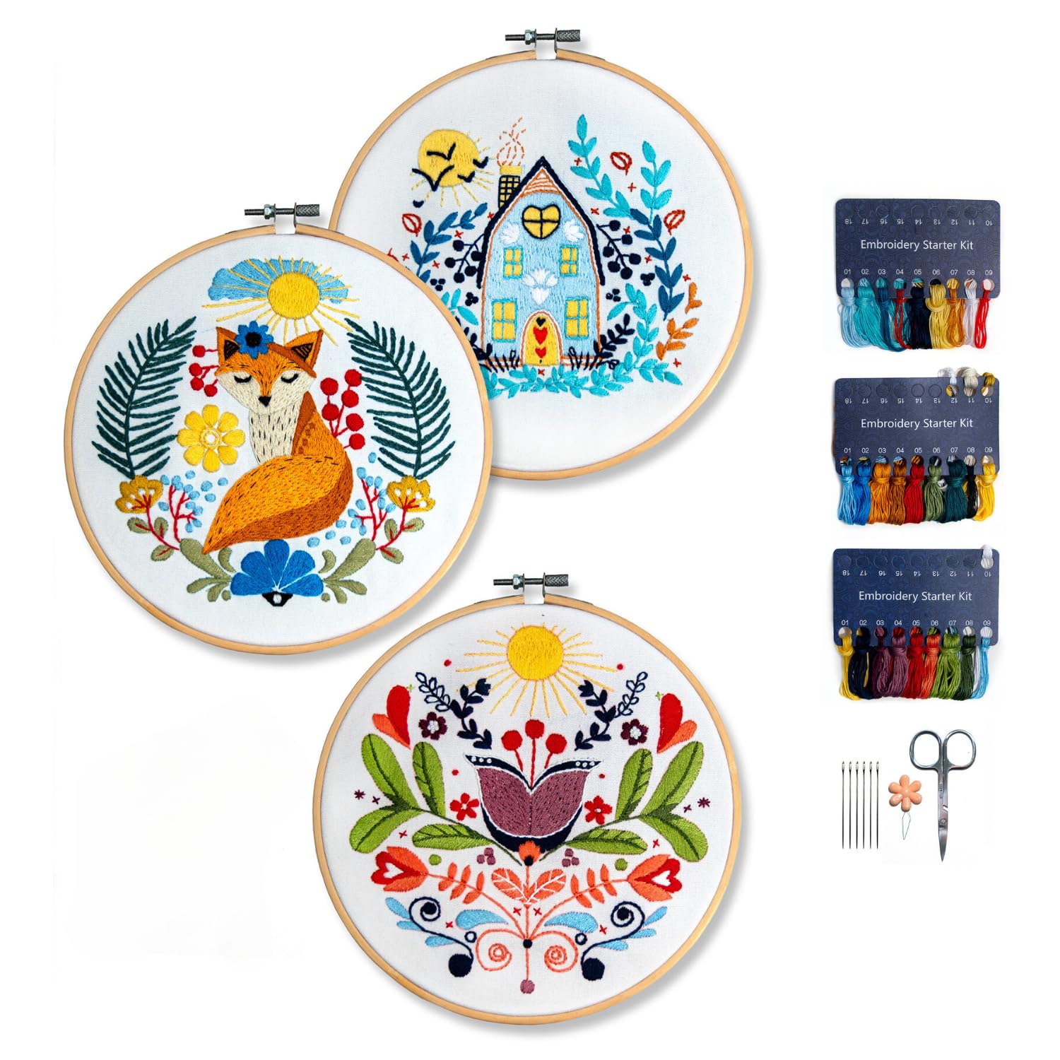 Hearthfire Hygge 3-Pack Beginner Embroidery Kit for Adults | Scandinavian Folk Art Hand Embroidery Kit for Beginners Adults | Fox, House, Flower Embroidery Kit Beginner