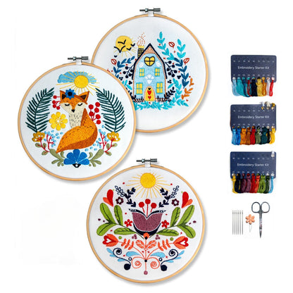 Hearthfire Hygge 3-Pack Beginner Embroidery Kit for Adults | Scandinavian Folk Art Hand Embroidery Kit for Beginners Adults | Fox, House, Flower Embroidery Kit Beginner