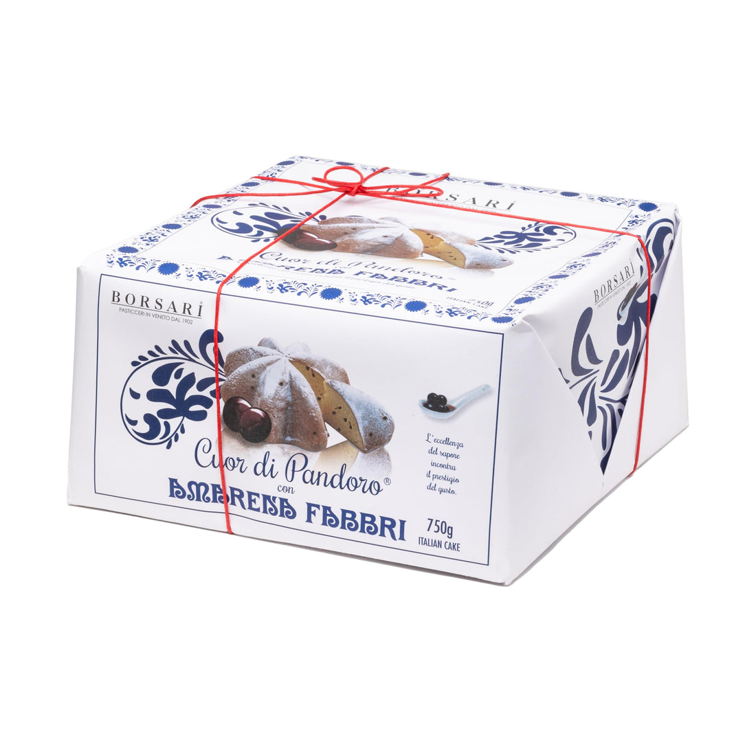 Amarena Fabbri Cherries, Pandoro with candied cherries inside, Italian holiday Cake by Borsari, Hand-Wrapped in white box, Made in Italy, 1.65 pound