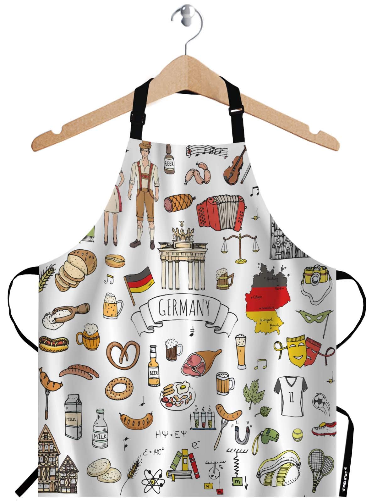 WONDERTIFY Europe Germany Travel Elements Apron,Germany Icons Sausage Beer Wheat Bread Football Castle Bib Apron with Adjustable Neck for Men Women,Suitable for Kitchen Cooking Chef Bistro BBQ Apron