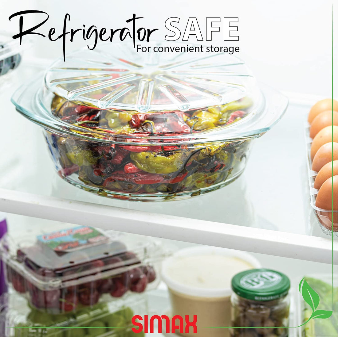 Simax Casserole Dish For Oven, Glass Baking Dish With Lid, Ridged Design for Low Fat Cooking, Microwave, Oven, and Dishwasher Safe Cookware, Borosilicate Glassware, 2.6 Qt. Round Baking Dish