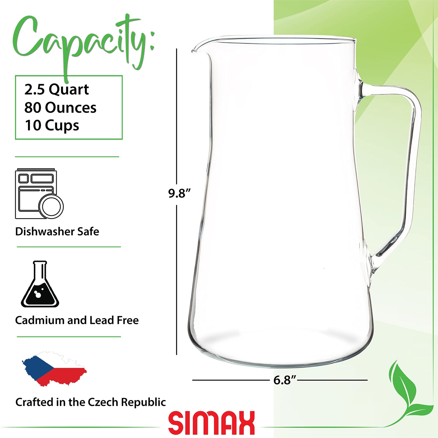 Simax Large Glass Pitcher With Spout, 2.5 Qt Glass Pitchers With Handle, Borosilicate Glass Sangria Pitcher, Big Water Pitcher Glass, Angled Cylinder Design Sangria Pitchers, 80 Oz Cocktail Pitcher