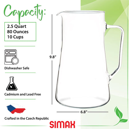 Simax Large Glass Pitcher With Spout, 2.5 Qt Glass Pitchers With Handle, Borosilicate Glass Sangria Pitcher, Big Water Pitcher Glass, Angled Cylinder Design Sangria Pitchers, 80 Oz Cocktail Pitcher