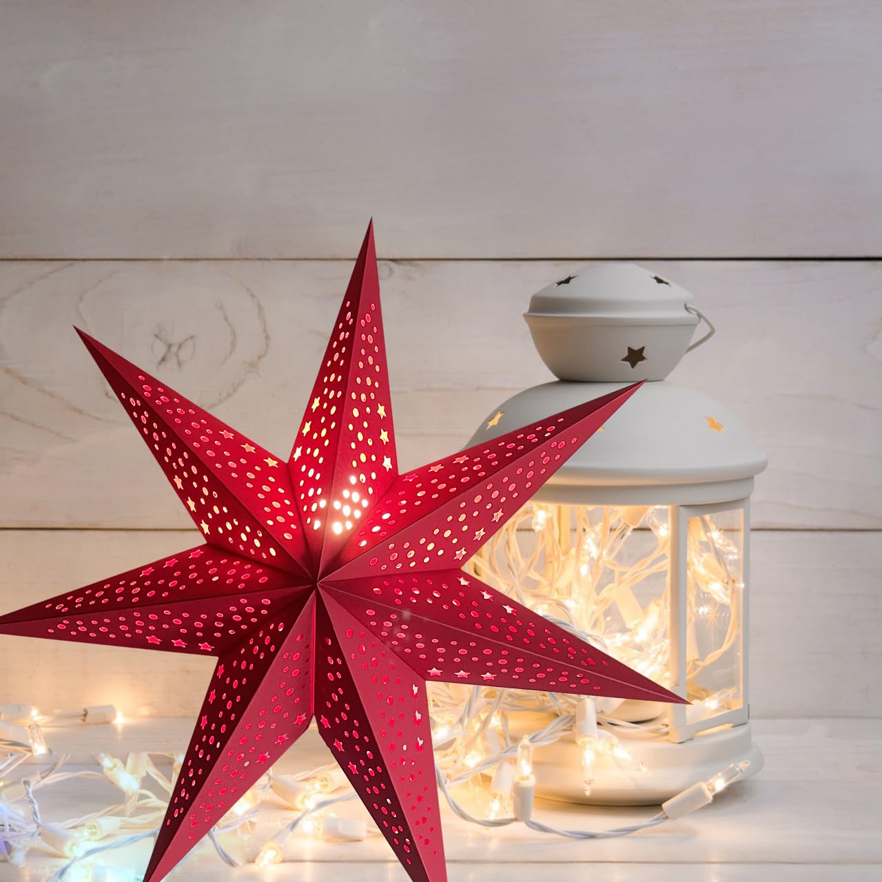 Yeekea Paper Star Lantern Hanging Star Lampshade Decoration for Weddings Christmas Holiday Birthday Party Celebration (Red)