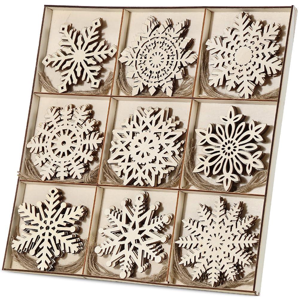 Wooden Snowflakes Ornaments 45 pieces, 3.5&quot; Unfinished Snowflake Decorations Wood Cutouts with Twine, Wood Crafts for Christmas Tree Boho Christmas Decor Gift Tags