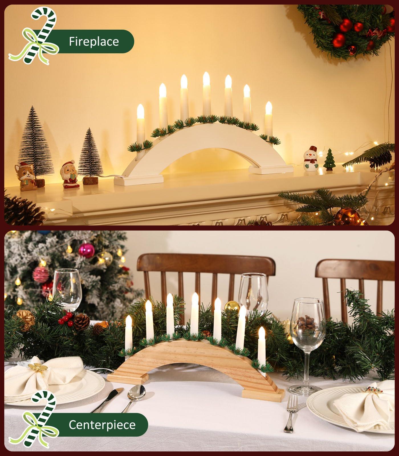 Swedish Candelabra, 7 Taper Flameless Candles with USB Powered, Christmas Window Candle Light with Pine Needles, Wooden Candle Bridge Light for Xmas Decoration Wedding, Wood