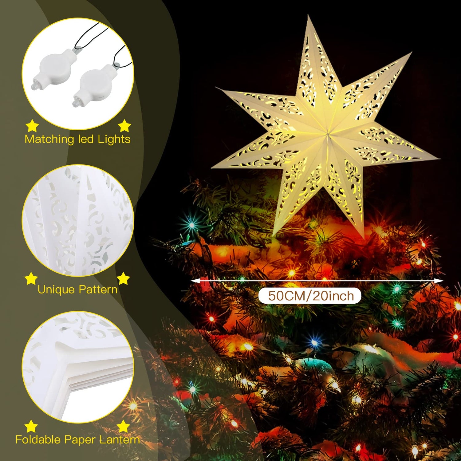 Kingdder Star Paper Lanterns Paper Lampshade with LED Light Paper Lantern Moroccan Paper Stars 7 Pointed White Hollow out Party Paper Star Decoration for Weddings Christmas Tree Birthday (17.72 Inch)