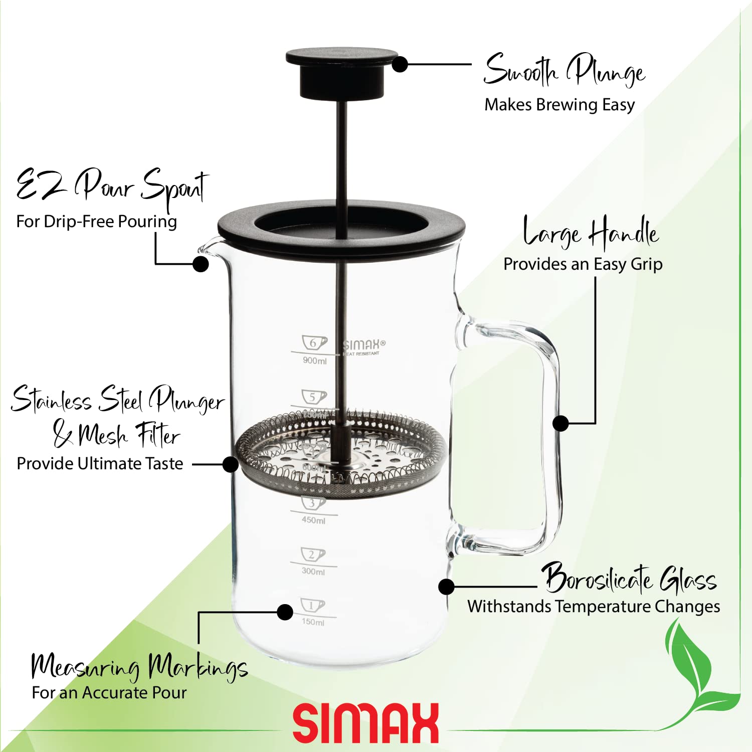 SIMAX French Press Coffee Maker, 1 Liter Coffee Press, Dishwasher Safe Glass Coffee Maker with Filter, Hot and Cold Safe Borosilicate Glass, Easy To Clean