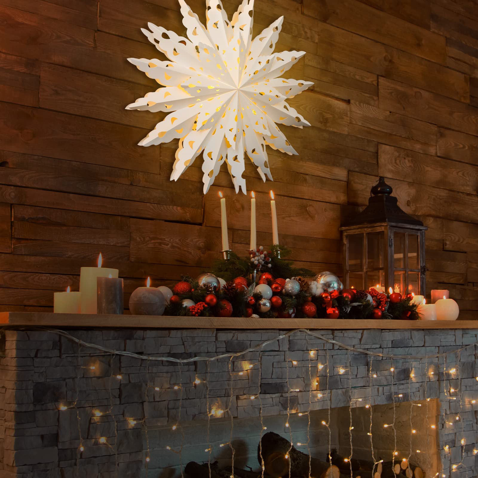 23.6 Inch Christmas Star Snowflake Paper Lantern with Light Timer Paper Lamp Party Supplies Hanging Decoration for Weddings Christmas Trees Birthday Holiday Party Celebration (Classic Style)